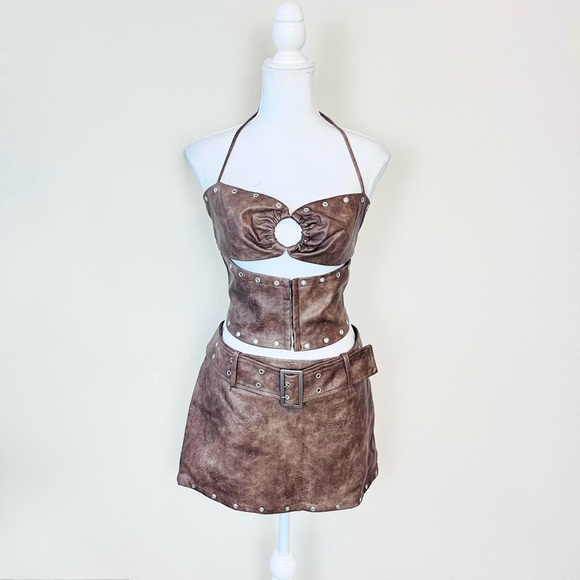 NWT Brown Leather Halter Hook N Eye Crop Top & Belted Eyelet Skort Skirt Set - Picture 1 of 15